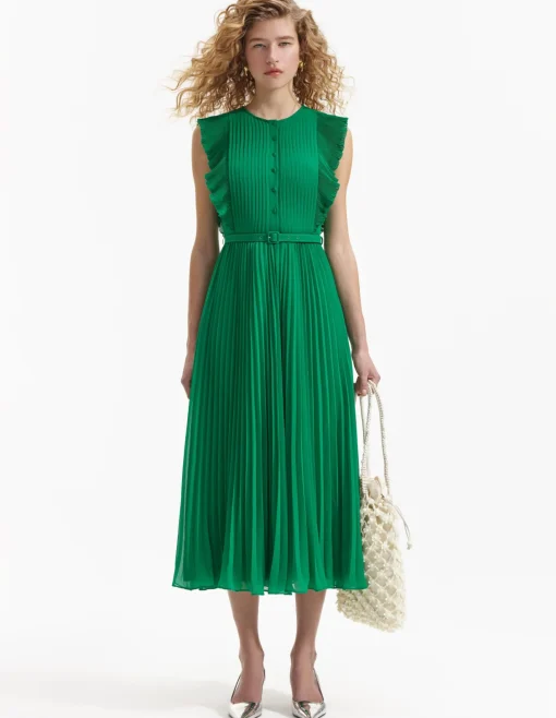 Green Chiffon Sleeveless Ruffle Midi Dress