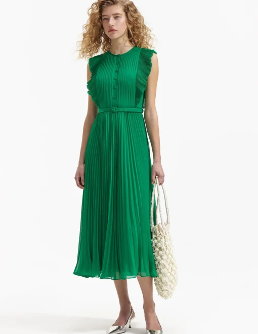 Green Chiffon Sleeveless Ruffle Midi Dress