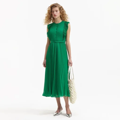 Green Chiffon Sleeveless Ruffle Midi Dress