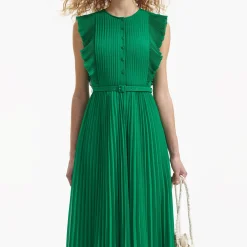 Green Chiffon Sleeveless Ruffle Midi Dress