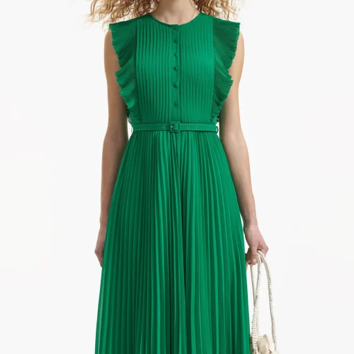 Green Chiffon Sleeveless Ruffle Midi Dress