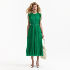 Green Chiffon Sleeveless Ruffle Midi Dress