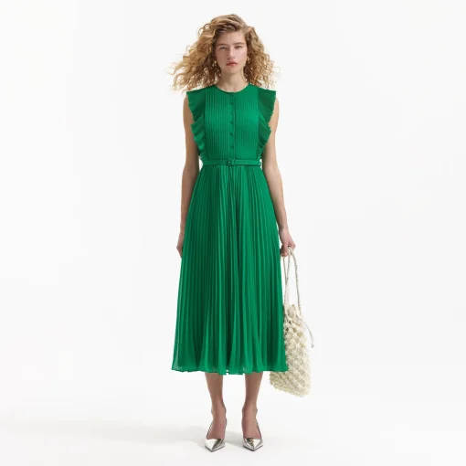 Green Chiffon Sleeveless Ruffle Midi Dress
