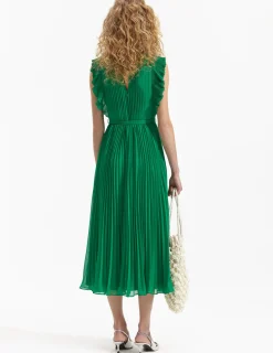 Green Chiffon Sleeveless Ruffle Midi Dress