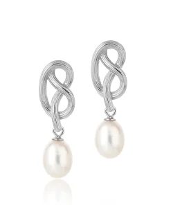 Medium Love Knot Pearl Drop Earrings Silver