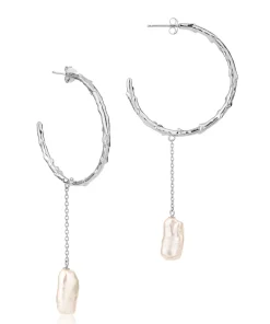Volcano Hoop Earring Long Pearl Drop Silver