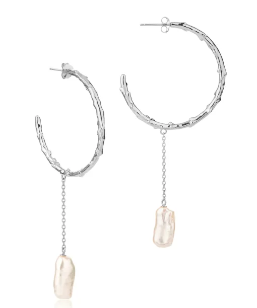 Volcano Hoop Earring Long Pearl Drop Silver