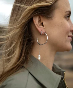 Volcano Hoop Earring Long Pearl Drop Silver