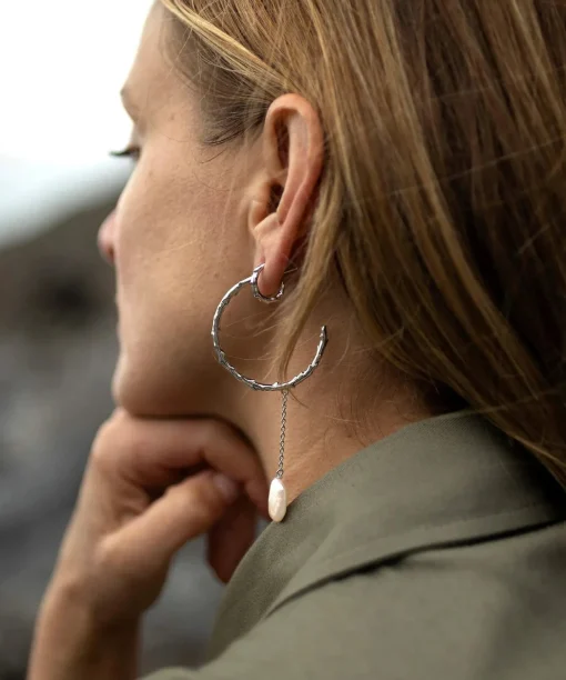 Volcano Hoop Earring Long Pearl Drop Silver