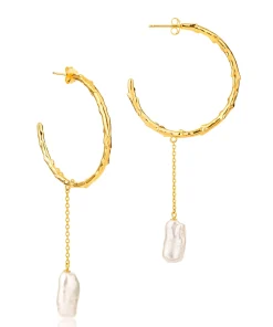 Volcano Hoop Earrings Long Pearl Drop Gold
