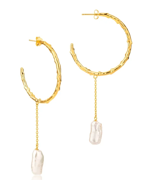 Volcano Hoop Earrings Long Pearl Drop Gold