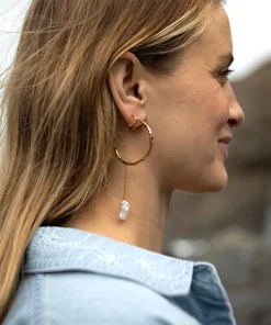 Volcano Hoop Earrings Long Pearl Drop Gold