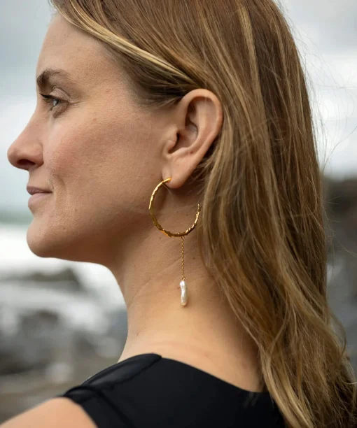 Volcano Hoop Earrings Long Pearl Drop Gold